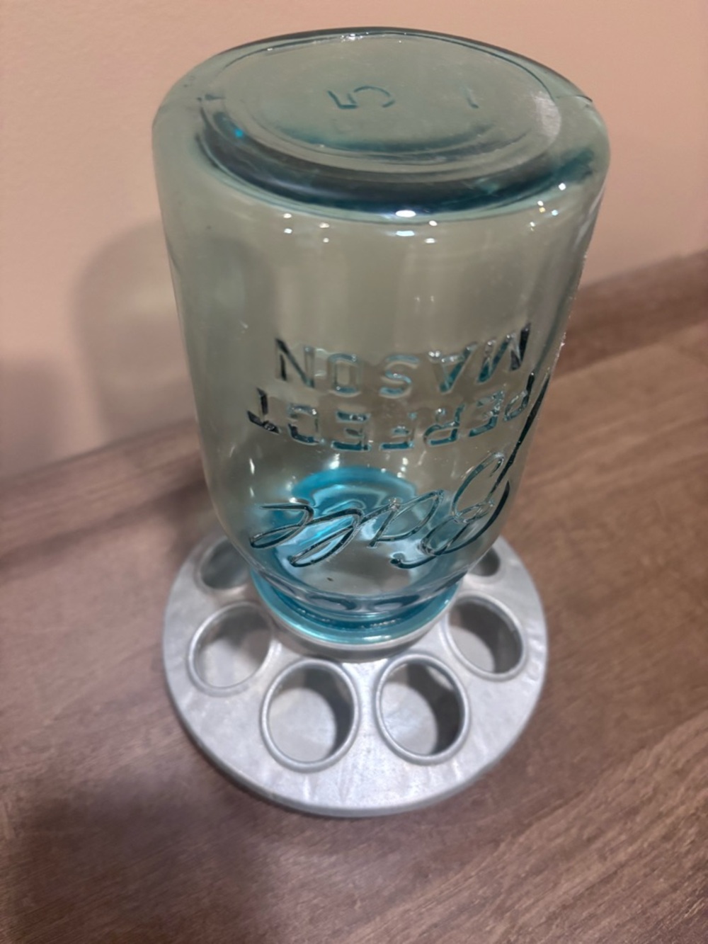 Blue Glass Mason-Style Hummingbird Feeder with Metal Base